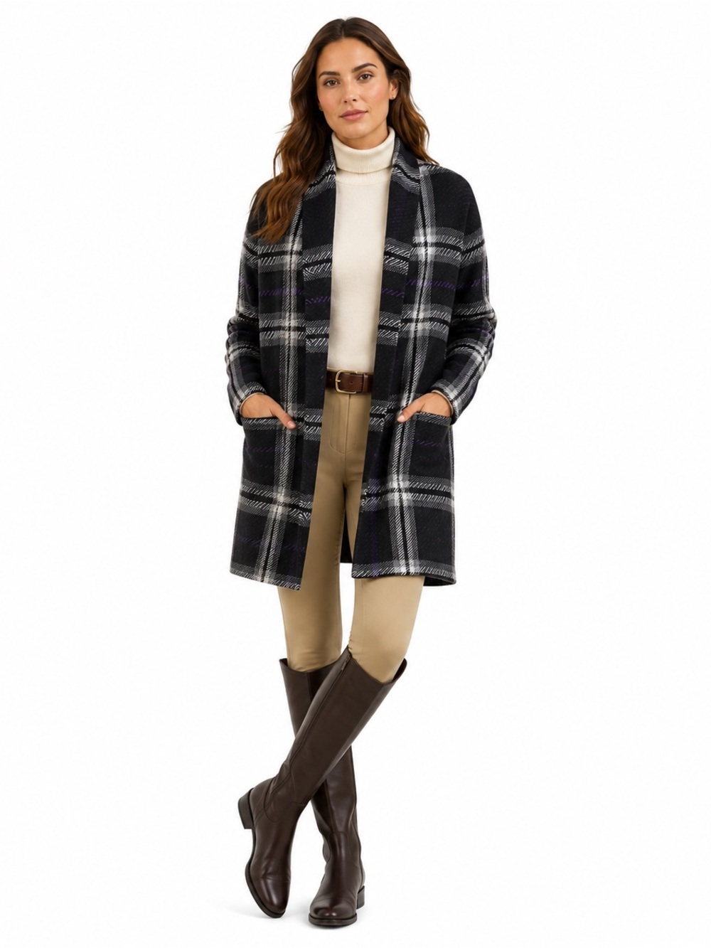 RALPH LAUREN 100% Wool Plaid Open Front Cardigan Sweater Shawl Collar Black Gray
